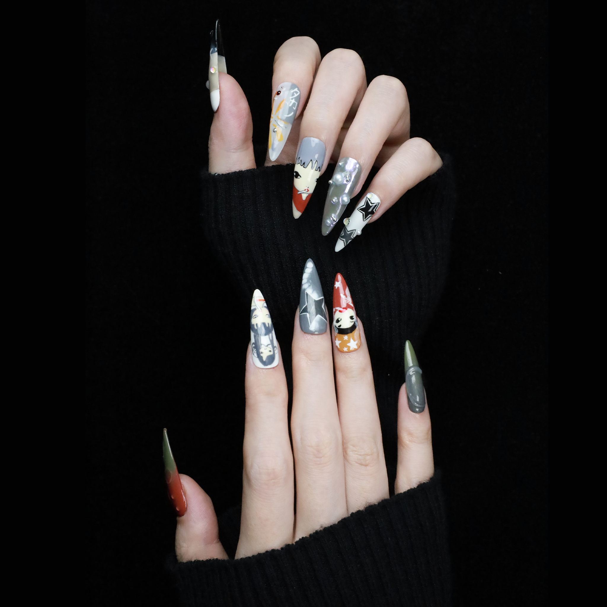 Japanese-Inspired Artistic Press-On Nails, Hand-Painted Cosplay Nails, Anime Characters with 3D Embellishments, Rhinestone & Pearl Accents