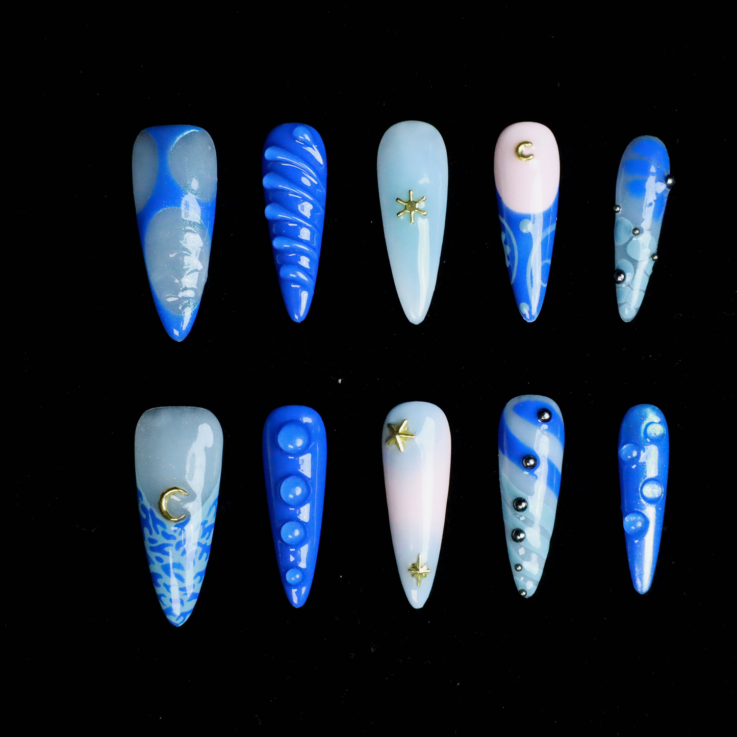 Blue Dream Custom Press On Nails | 3D golden Stars, Moons | Blue Nails | Medium Stiletto | Handmade Nails,Reusable, Fake Nails,Gel Nails