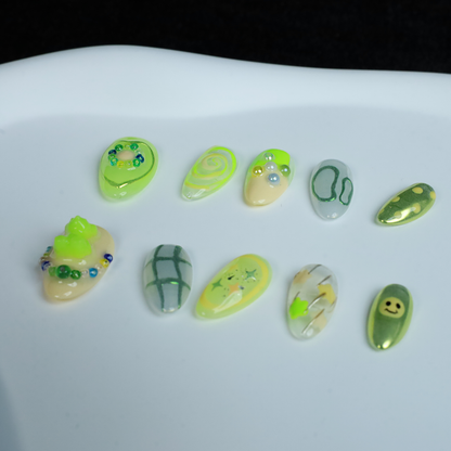 Neon Slime Fantasy Press On Nails | 3D Neon Green | Playful Kawaii | Bear, Smile Face, Star | Extra Short Almond | Fake Nails, Gel Nails