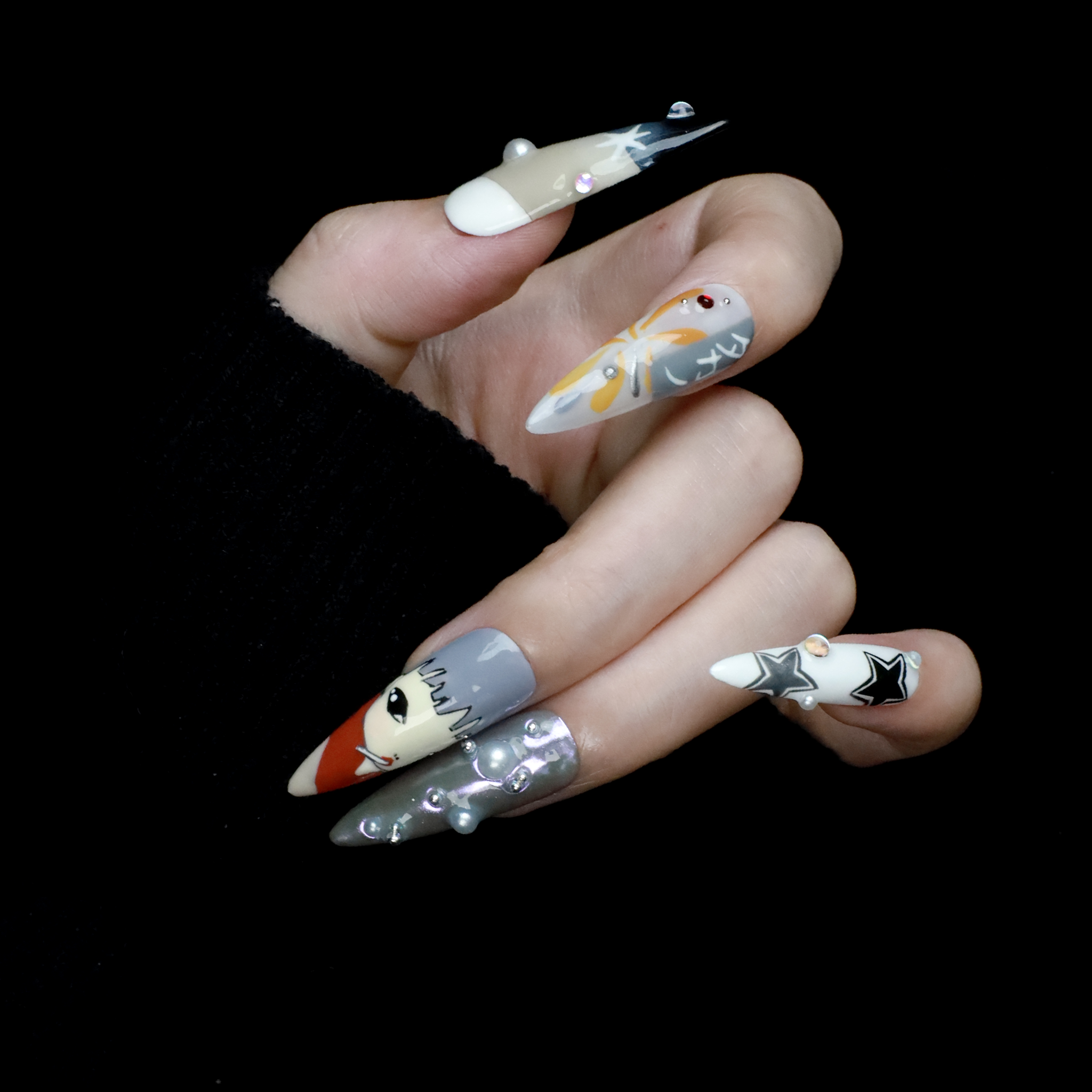 Japanese-Inspired Artistic Press-On Nails, Hand-Painted Cosplay Nails, Anime Characters with 3D Embellishments, Rhinestone & Pearl Accents