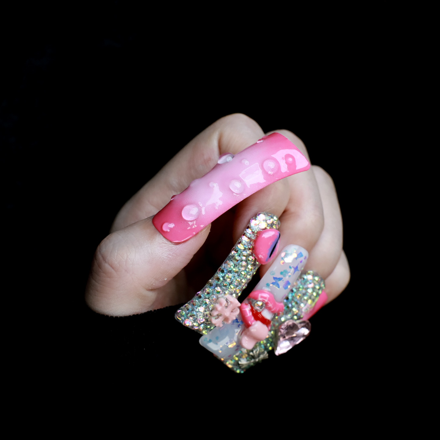 Pink Extra Long Duck Press-On Nails with Rhinestone, Sparkles, 3D Embellished Glitter Handmade Nail, Gel Nails, Glue on Nail