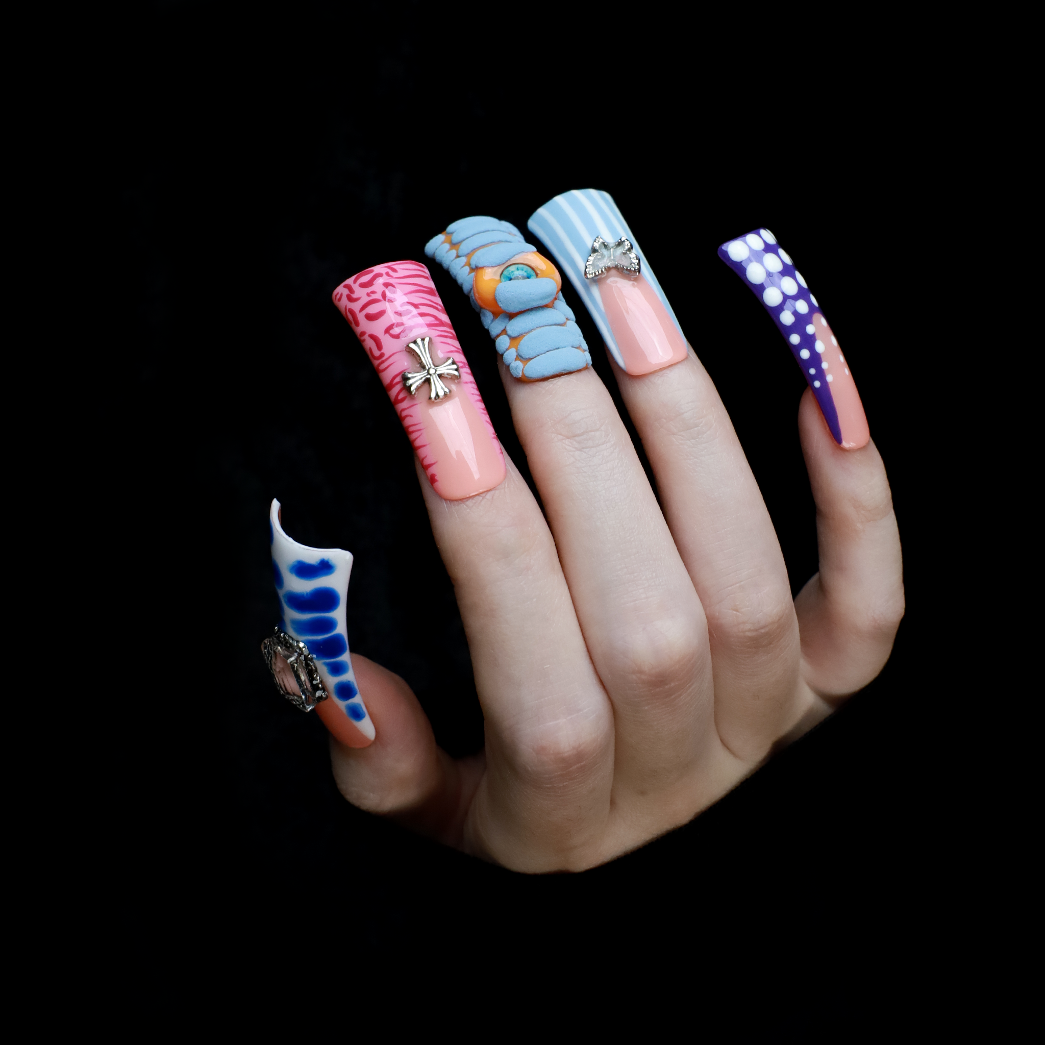 Avant-Garde 3D Extra Long Duck Press-On Nails with Rhinestones, Eclectic Patterns & Vivid Textures,  Handmade Nail, Gel Nails, Glue on Nail