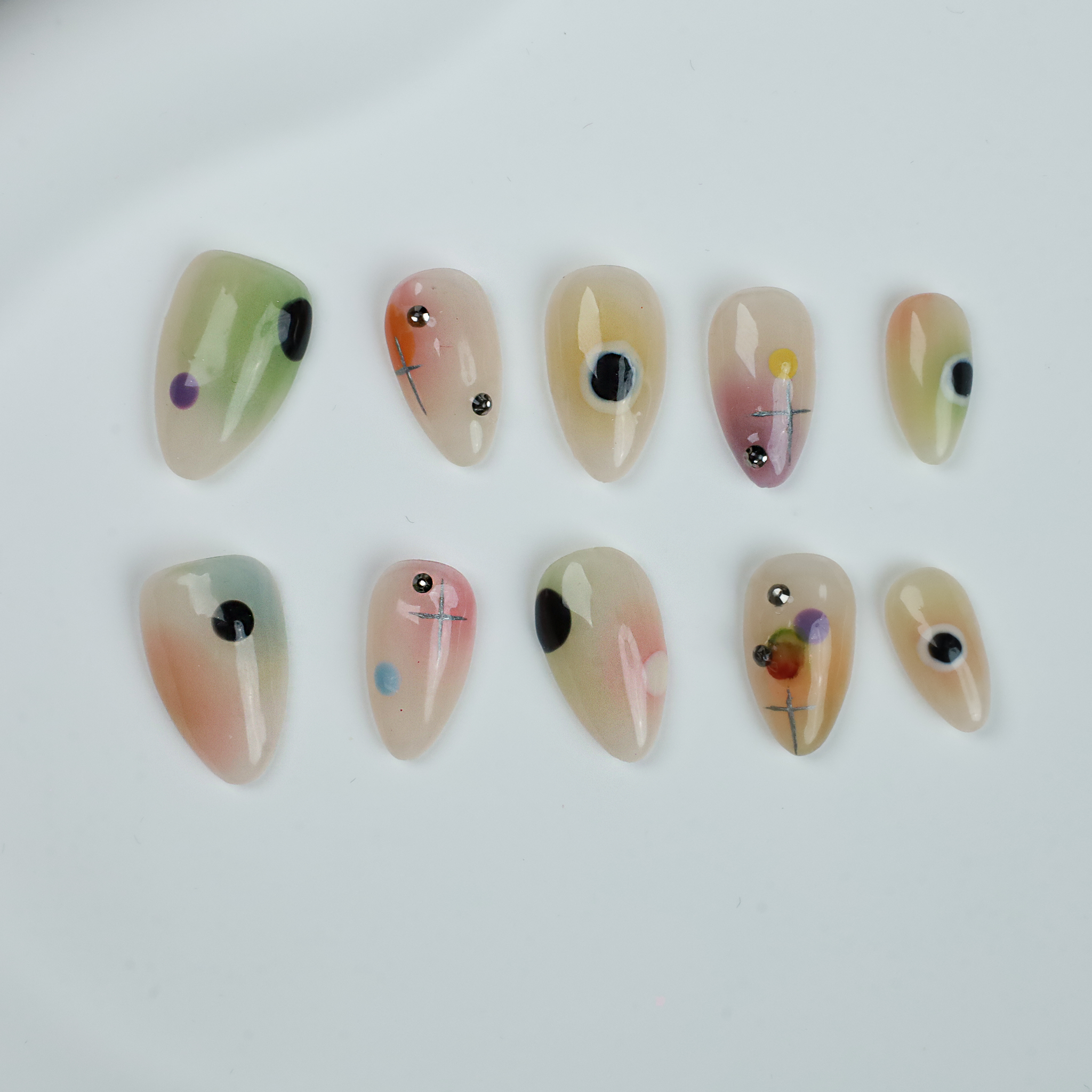 Minimalist Abstract Gradient Press-On Nails with Gem Accents,  Extra Short Almond Fake Nails, 3D Handmade Gel Nails,  Perfect for Everyday