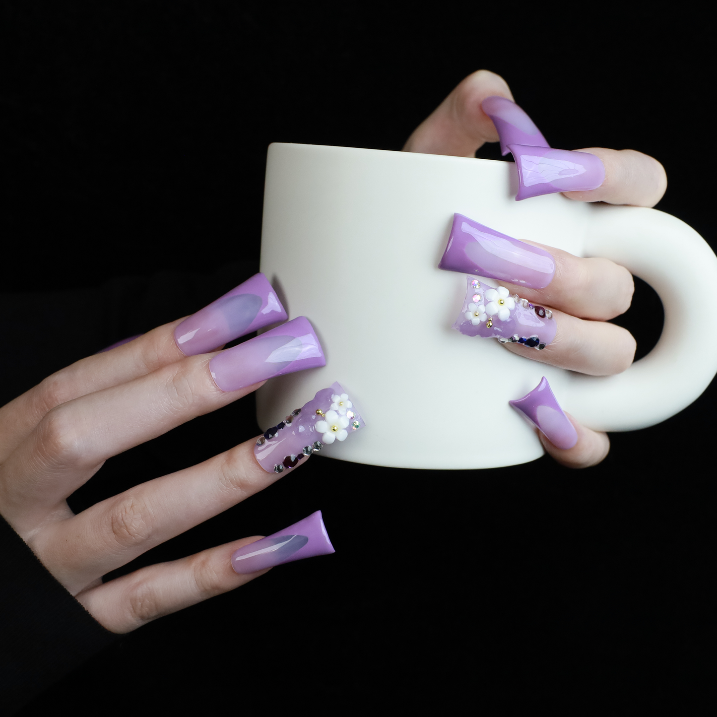 3D Purple Floral Long Duck Press-On Nails with Elegant French Style, Long-lasting handmade Acrylic Fake Nails