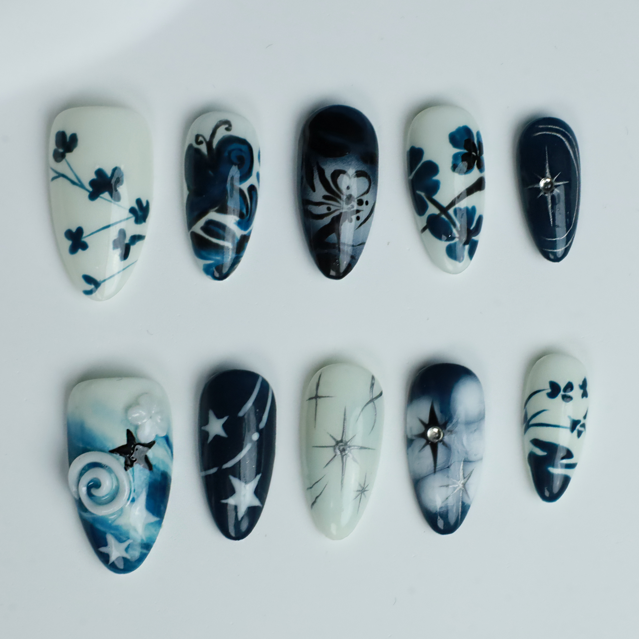 Blue and White Porcelain Inspired Custom Press On Nails with Flower and Swirl，3D Short Almond Fake Nails for Party, Birthday, Everyday Look