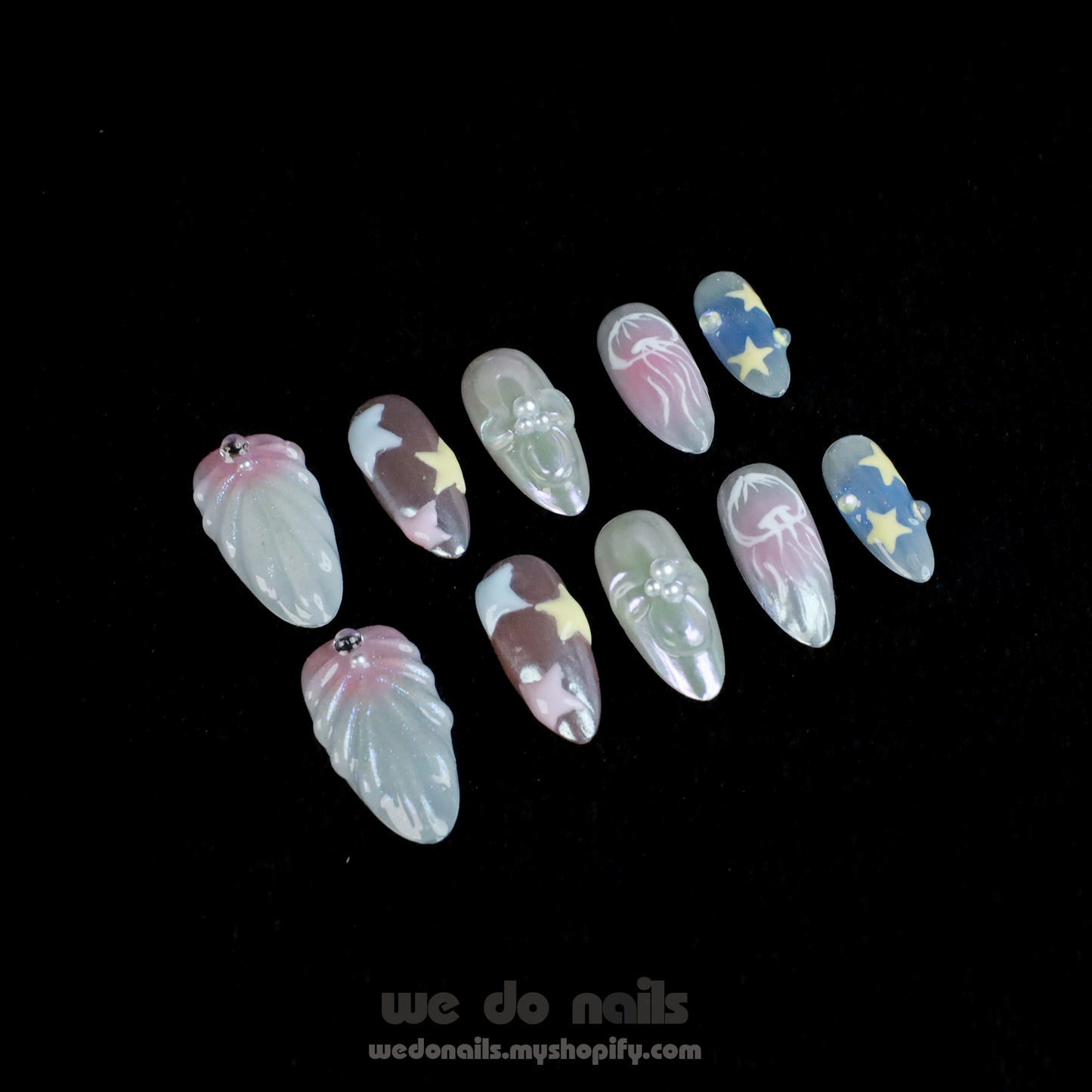 Ocean-Themed Custom Press On Nails | Starfish, Jellyfish, Shell, 3D nails |Medium Almond|High-Quality, Handmade Nails, Reusable,Fake Nails