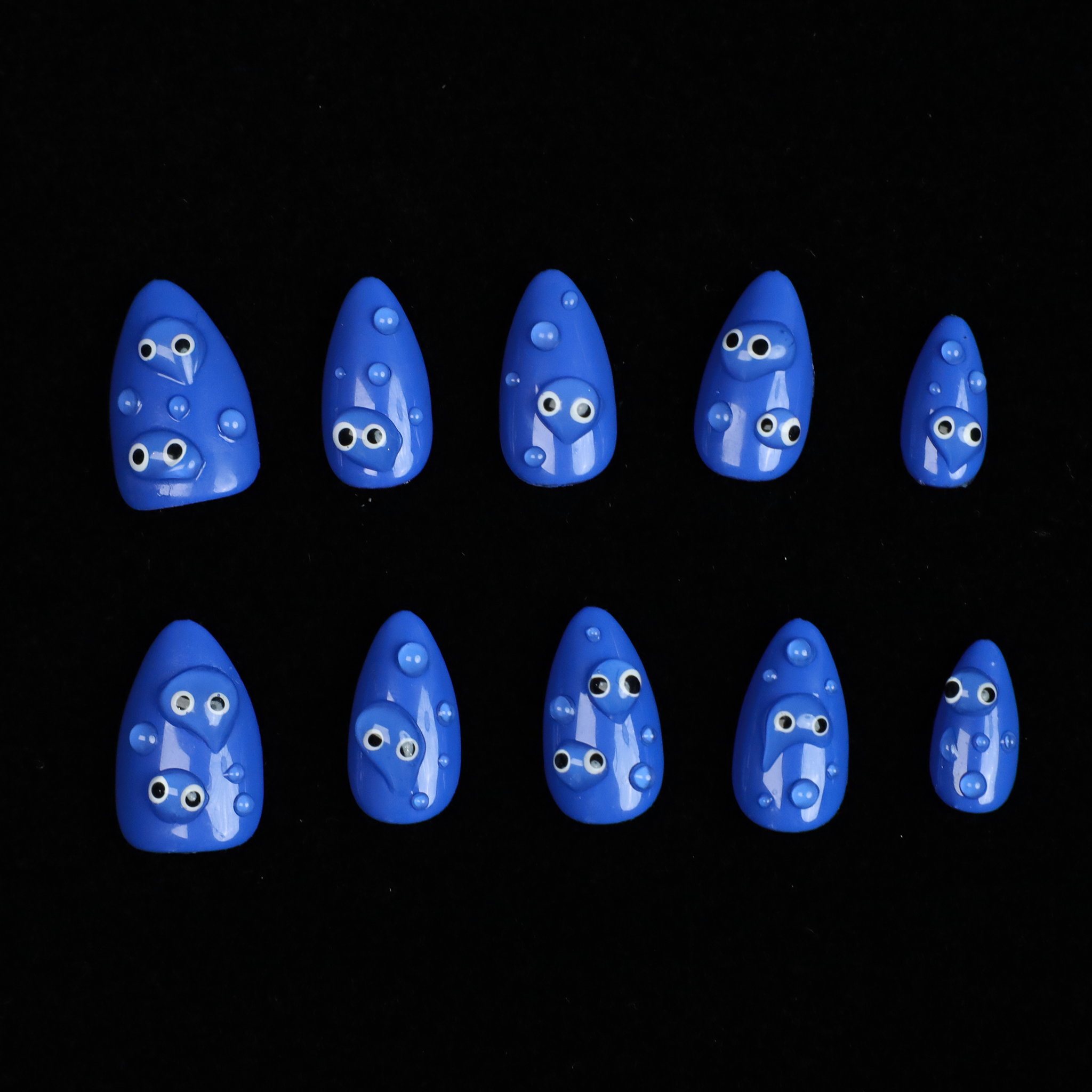 Cute Blue Monster Press On Nails | Hand painted 3D Cartoon Eyes |Extra Short Almond｜Handmade Nails, Reusable nails, Fake Nails,Gel Nails