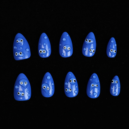 Cute Blue Monster Press On Nails | Hand painted 3D Cartoon Eyes |Extra Short Almond｜Handmade Nails, Reusable nails, Fake Nails,Gel Nails