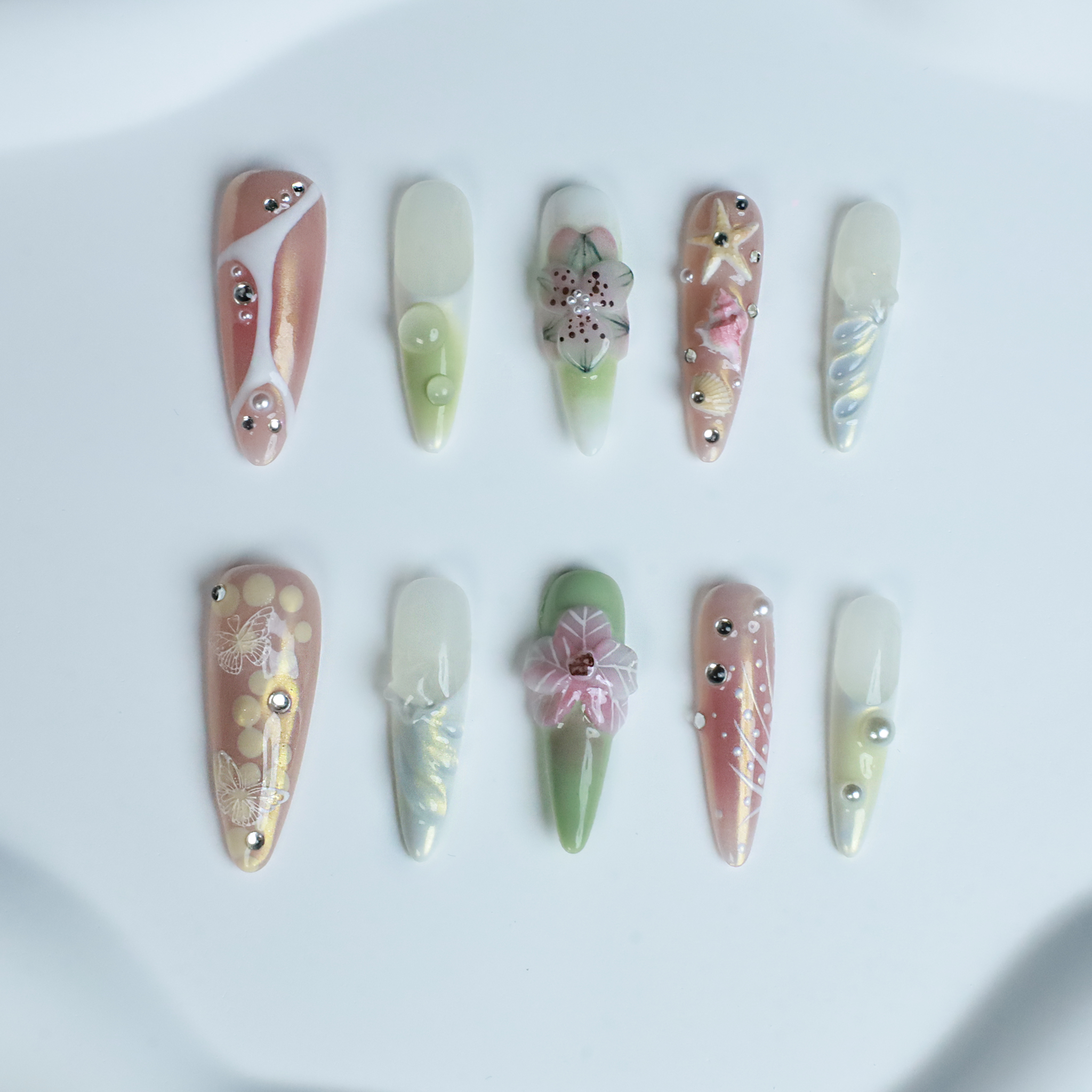 Floral Blush & Pearl Press-On Nails | 3D Flower & Butterfly Nail Art | Elegant Pink and Green Summer Nail Design with Rhinestones