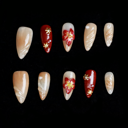 Elegant Floral Red and Beige Press-On Nails with Pearl & Gold Accents, Handcrafted 3D Floral Nail Art, Vintage inspired Fake Nails