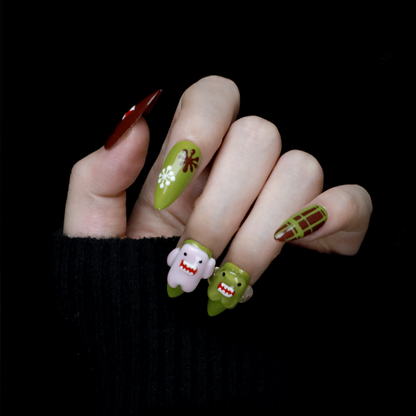 Playful Monster Custom Press On Nails | 3D Pink and Green Handcrafted Nail | Cute Bear Short Stiletto Fake Nails | Party and Casual Gel Nail