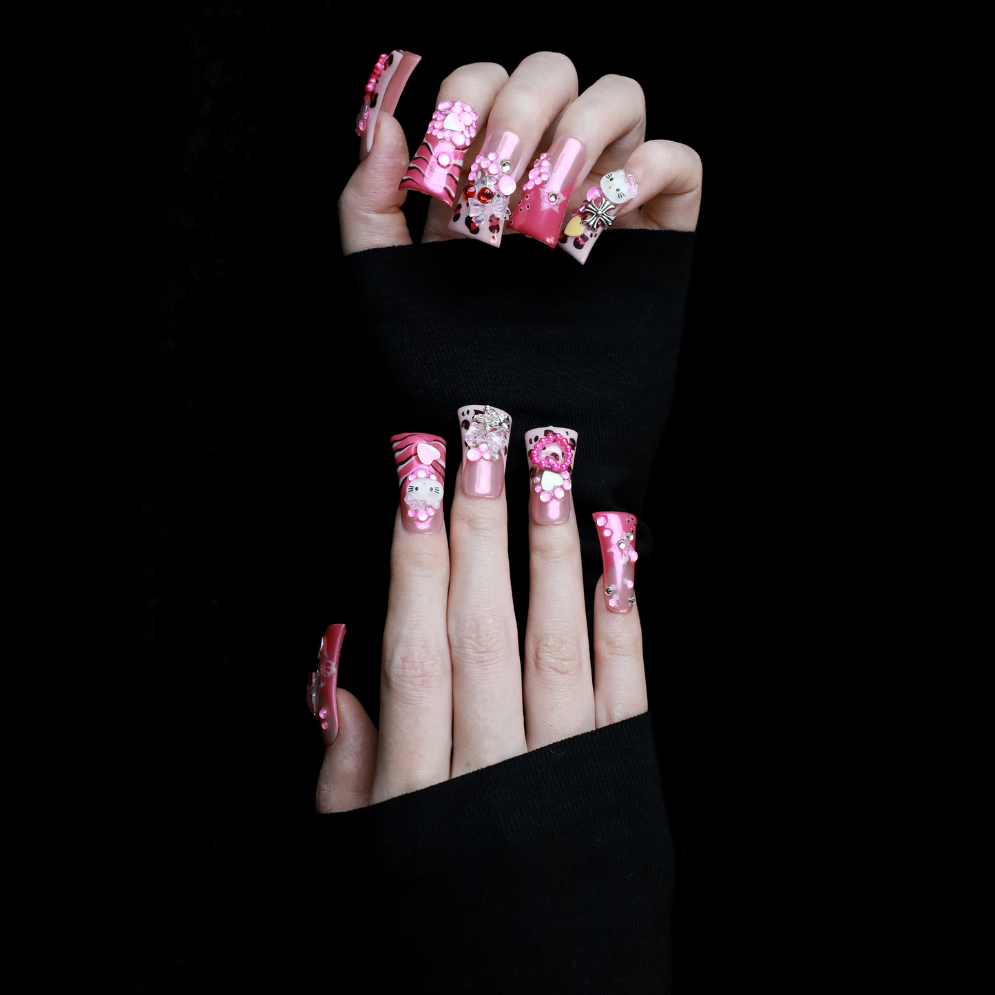 Pink Kawaii Long Duck Press-On Nails with animal motifs, heart accents, and sparkling embellishments, Handmade Nail, Gel Nails, Glue on Nail