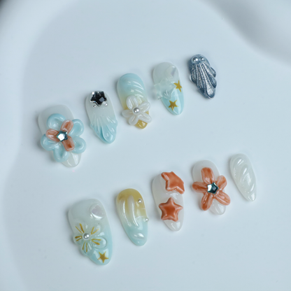 Celestial Bloom Custom Press On Nails| 3D Star, 3D Flower and 3D Pearl | Pink nails|Short Almond|Handmade Nails,Fake Nails,Gel Nails