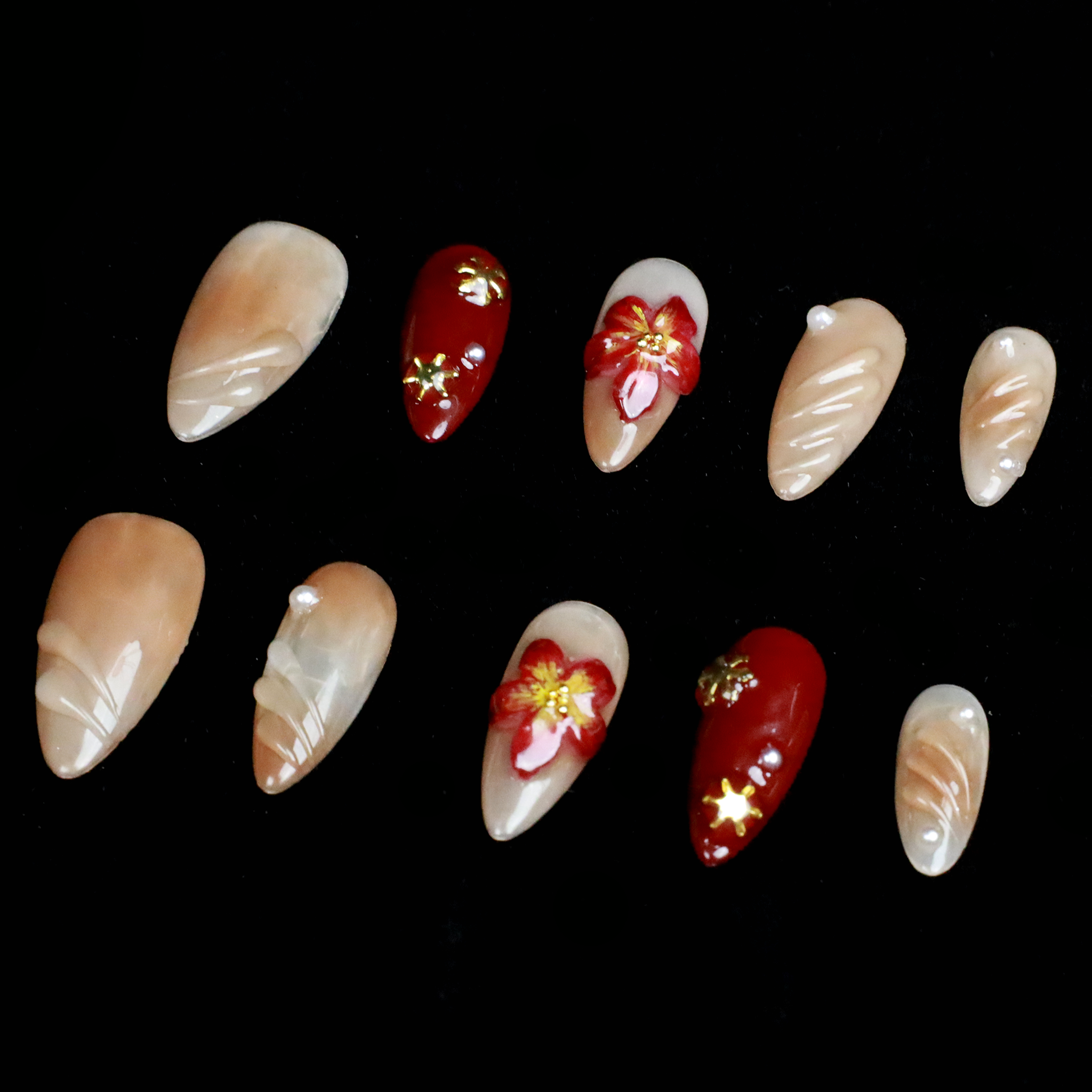 Elegant Floral Red and Beige Press-On Nails with Pearl & Gold Accents, Handcrafted 3D Floral Nail Art, Vintage inspired Fake Nails