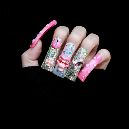 Pink Extra Long Duck Press-On Nails with Rhinestone, Sparkles, 3D Embellished Glitter Handmade Nail, Gel Nails, Glue on Nail