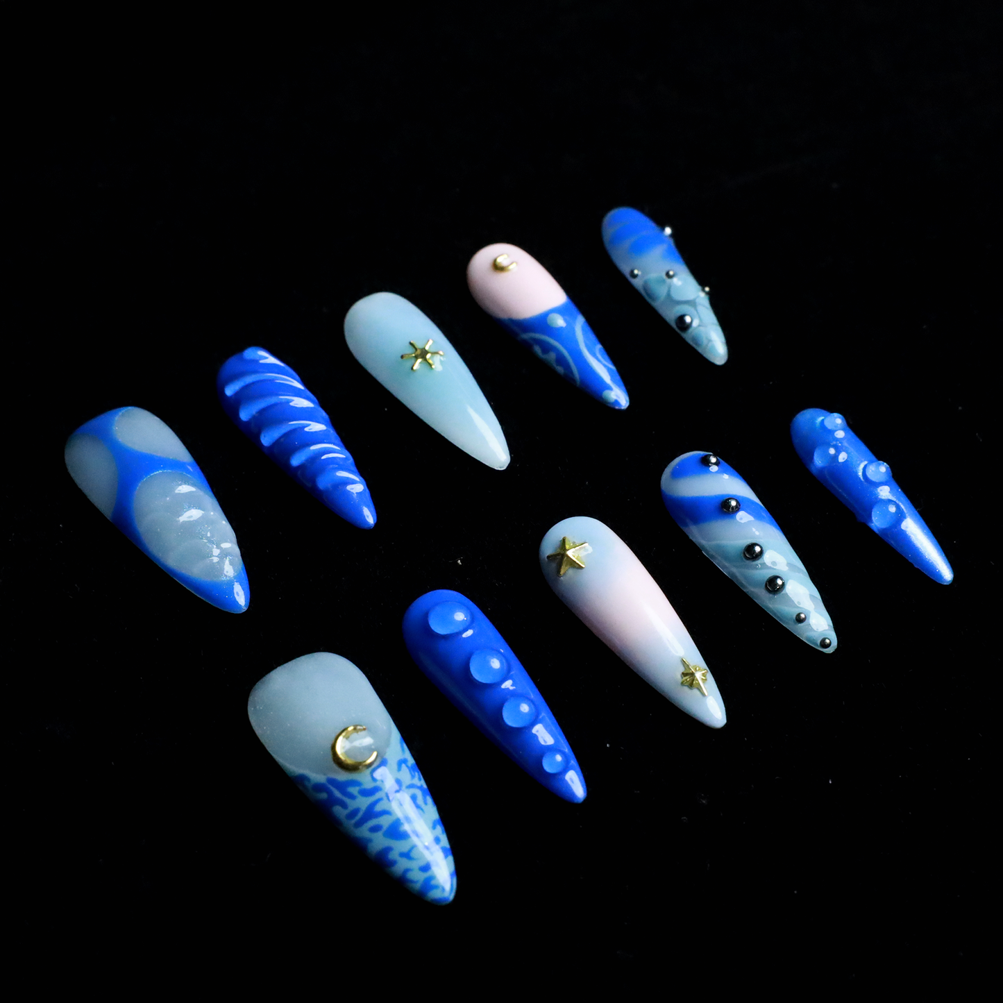 Blue Dream Custom Press On Nails | 3D golden Stars, Moons | Blue Nails | Medium Stiletto | Handmade Nails,Reusable, Fake Nails,Gel Nails