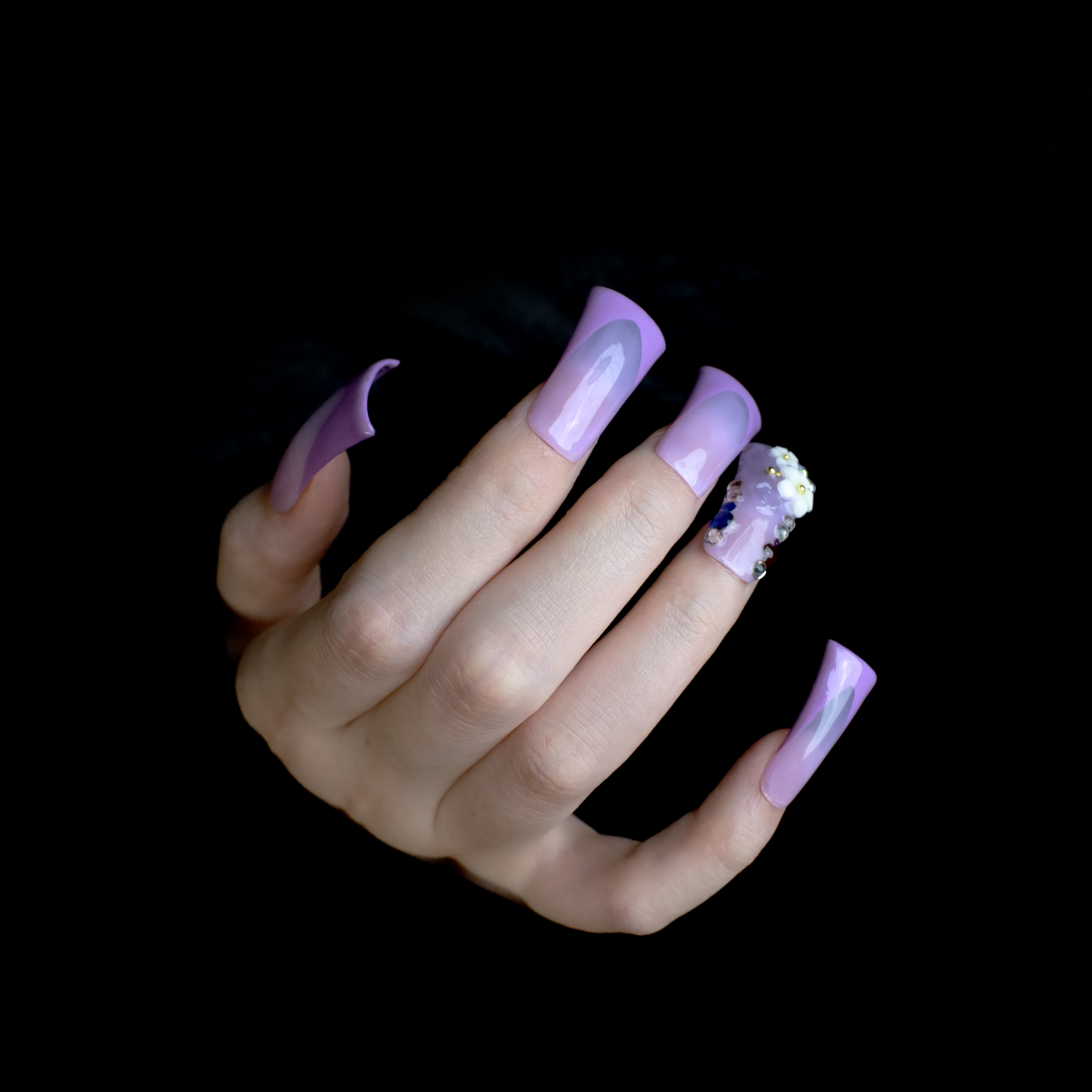 3D Purple Floral Long Duck Press-On Nails with Elegant French Style, Long-lasting handmade Acrylic Fake Nails