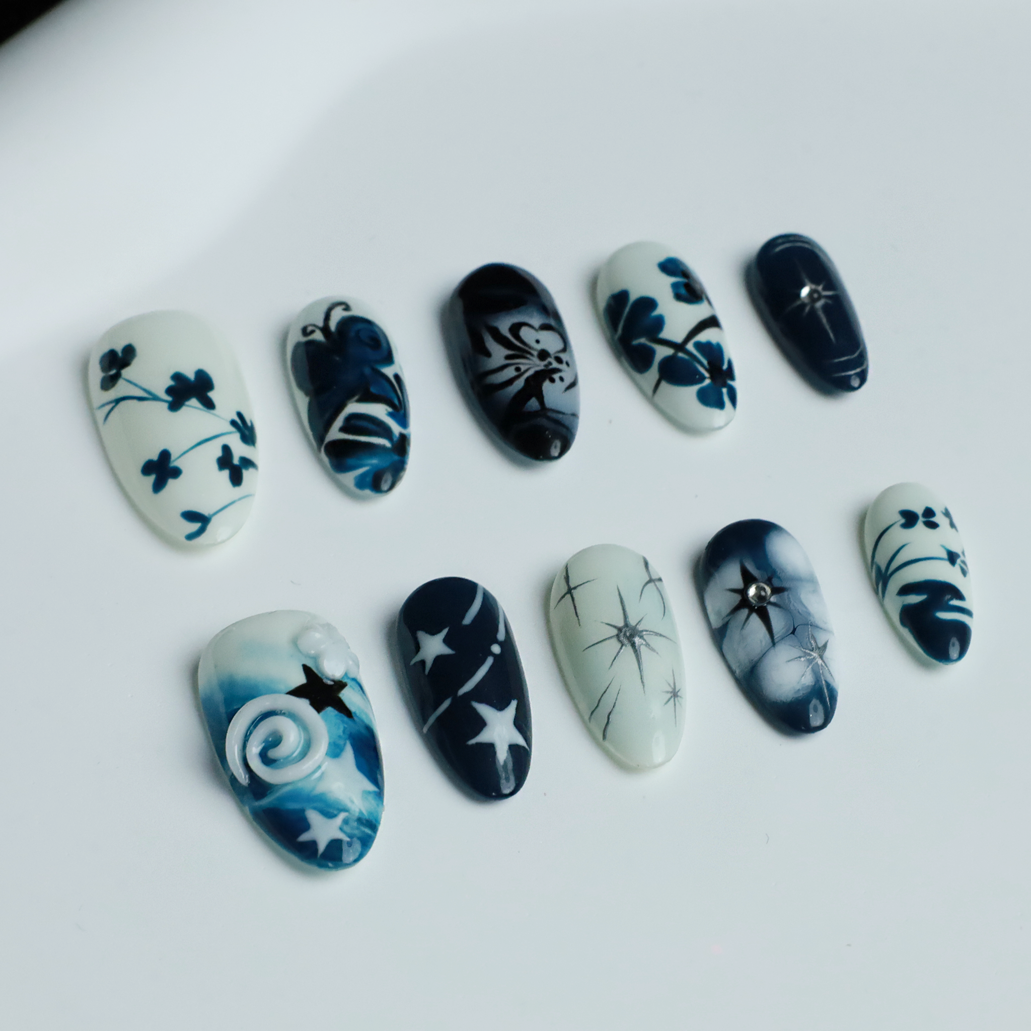 Blue and White Porcelain Inspired Custom Press On Nails with Flower and Swirl，3D Short Almond Fake Nails for Party, Birthday, Everyday Look