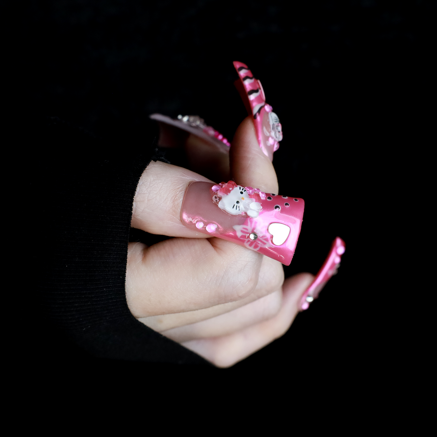 Pink Kawaii Long Duck Press-On Nails with animal motifs, heart accents, and sparkling embellishments, Handmade Nail, Gel Nails, Glue on Nail