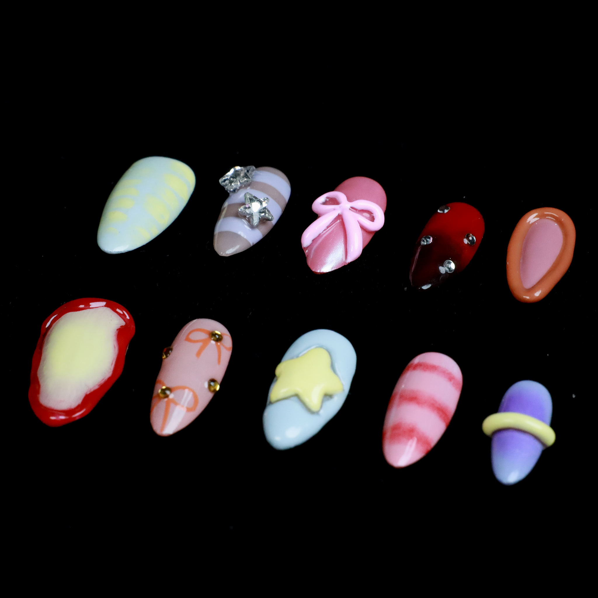 Candyland Dream Custom Press On Nails | 3D Bow, Star Nails | Medium Almond Nail | Handmade Nails, Reusable nails, Fake Nails,Gel Nails