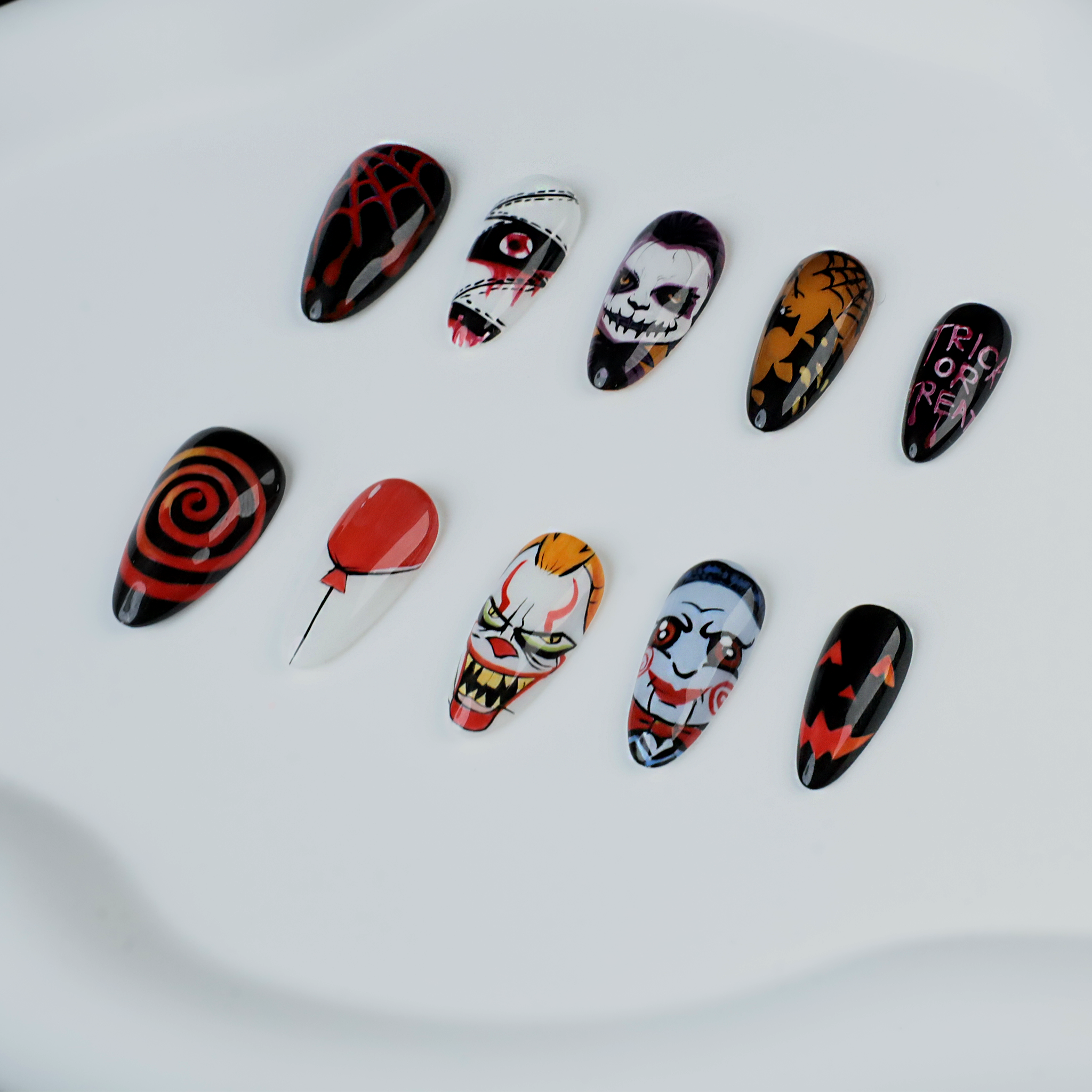 Spooky Nightmares: Halloween Press-On Nail | Horror-Inspired Artistry |  Medium Almond Nail | Handmade Nails,Reusable,Fake Nails,Gel Nails