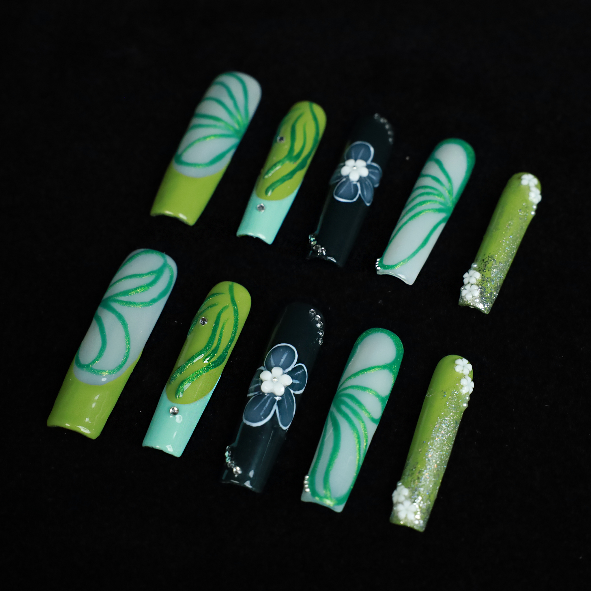 Emerald Blossom Press On Nails | 3D Flower, Leaf | Green nail | Long Square｜Handmade Nails, Reusable nails, Fake Nails,Gel Nails