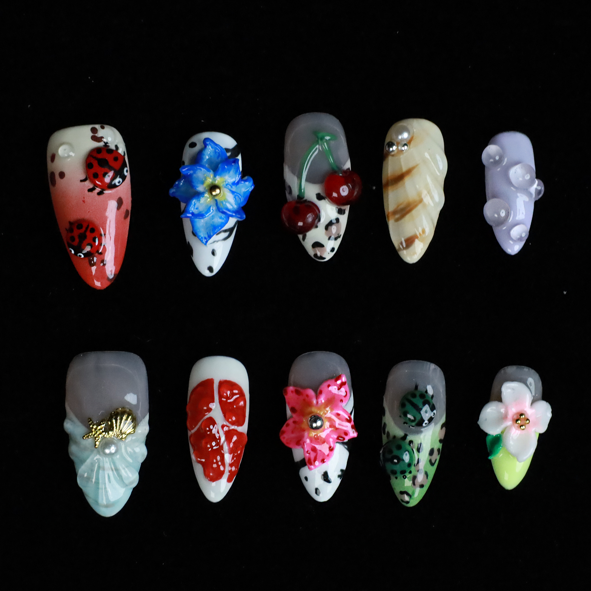 Garden Blooms Custom Press On Nails | 3D Flower, Cherry, Ladybug nails |Medium Almond|High-Quality, Handmade Nails, Reusable,Fake Nails