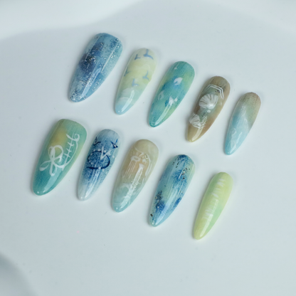 Ocean-Inspired Press On Nails, Hand-Painted Coastal Fake Nails, Minimalist & Elegant Seashell Nail Art in Blue and Green Hues,Reusable Nails