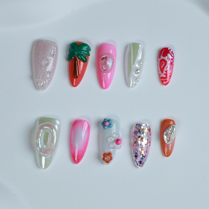 Summer Island Custom Press On Nails | 3D Flower, Tree, pearls nails | Medium Almond |High-Quality, Handmade Nails, Reusable,Fake Nails