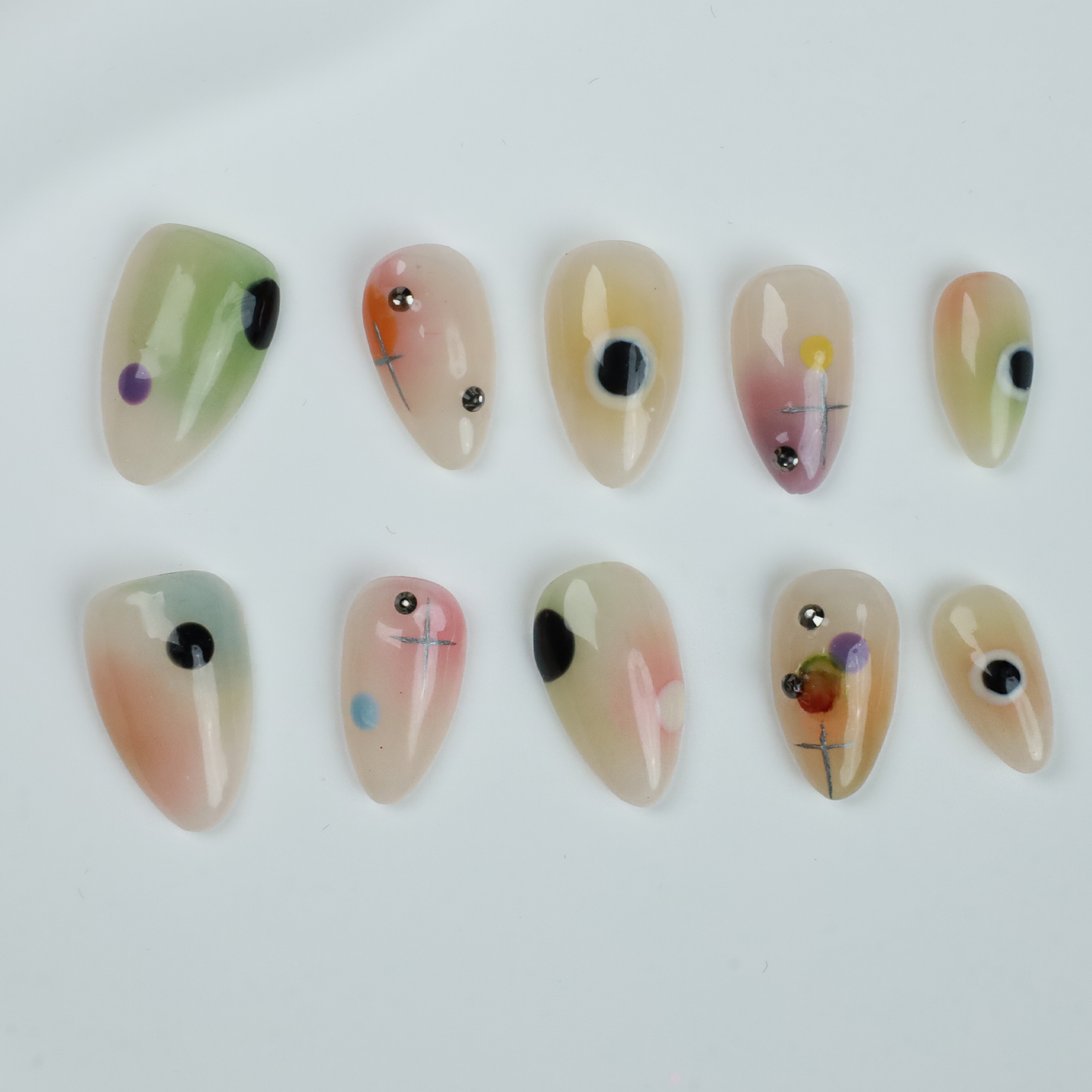 Minimalist Abstract Gradient Press-On Nails with Gem Accents,  Extra Short Almond Fake Nails, 3D Handmade Gel Nails,  Perfect for Everyday