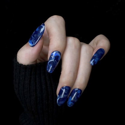 Elegant Blue Marble Press On Nails with white Swirls, Luxury Handmade Medium Oval Fake Nails, Reusable nails, Gel Nails