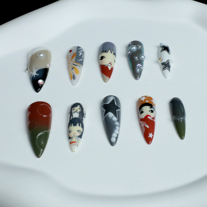 Japanese-Inspired Artistic Press-On Nails, Hand-Painted Cosplay Nails, Anime Characters with 3D Embellishments, Rhinestone & Pearl Accents