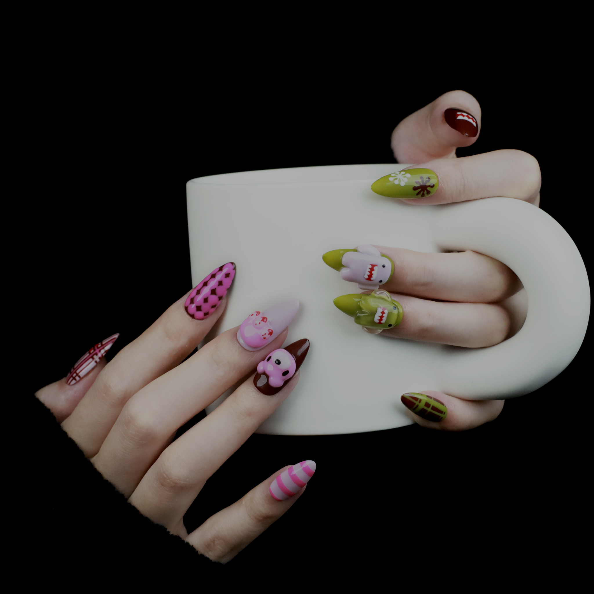 Playful Monster Custom Press On Nails | 3D Pink and Green Handcrafted Nail | Cute Bear Short Stiletto Fake Nails | Party and Casual Gel Nail