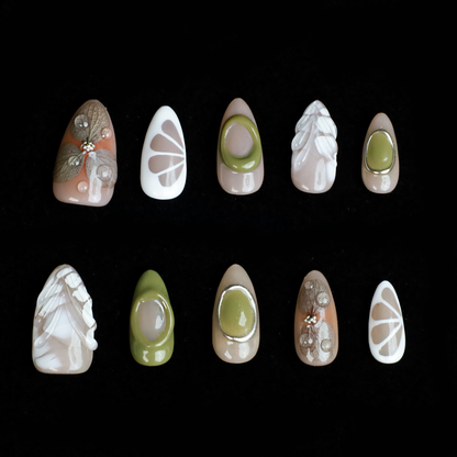 Leaf and Organic design Press On Nails | Delight 3D nails | Leaf,Lemon,Flower| Short Almond | Handmade Nails, Fake Nails,Gel Nails