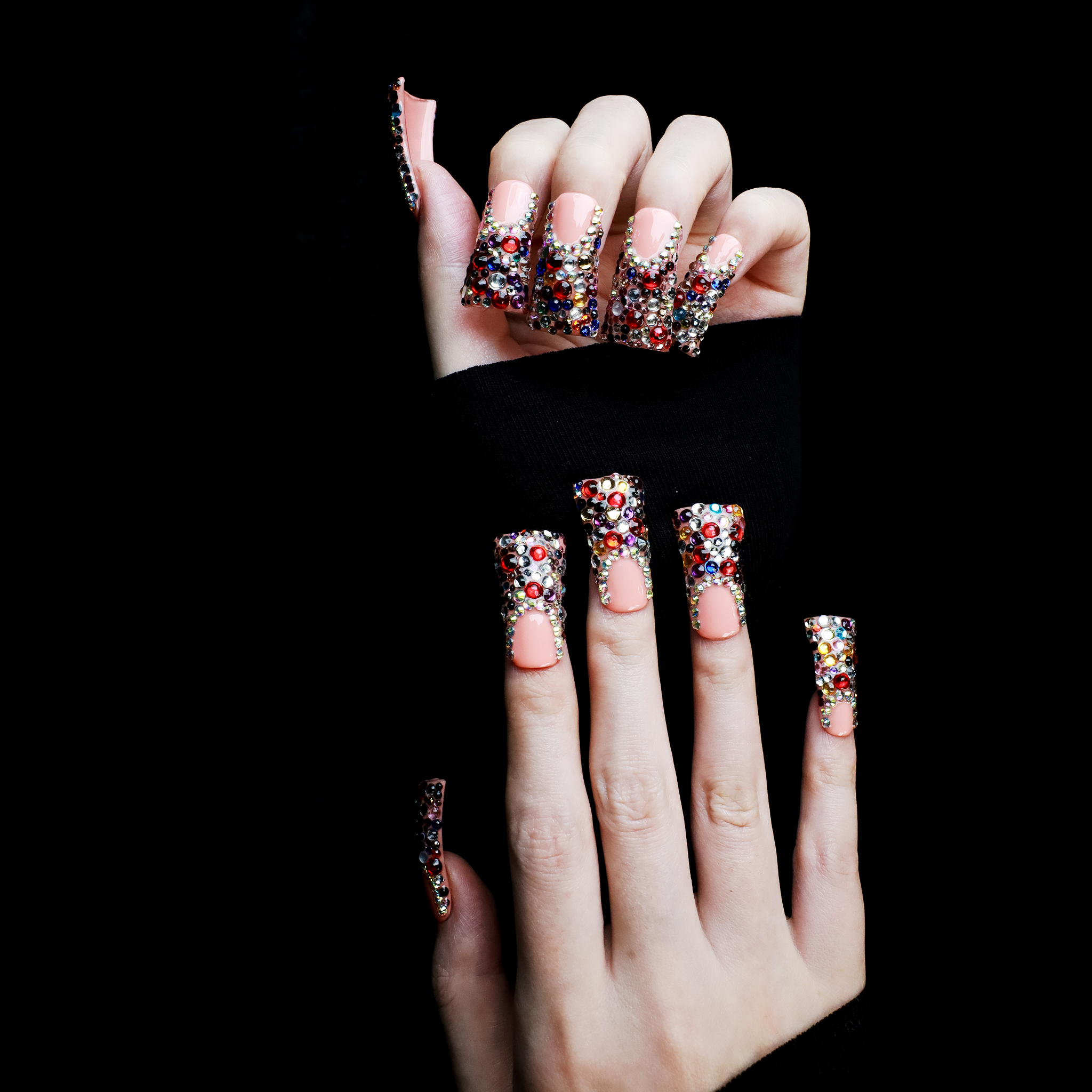 Dazzling Long Duck Press-On Nails with Multicolor Rhinestone, 3D Trendy Handmade Nail, Gel Nails, Glue on Nail