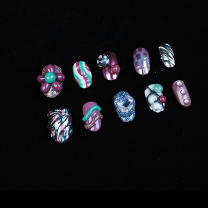 Cosmic Candyland Press On Nails | Pop Ups and Bold | Retro-Futuristic 3D Nail | Short Oval | Handcrafted Nails,Reusable,Fake Nails,Gel Nails