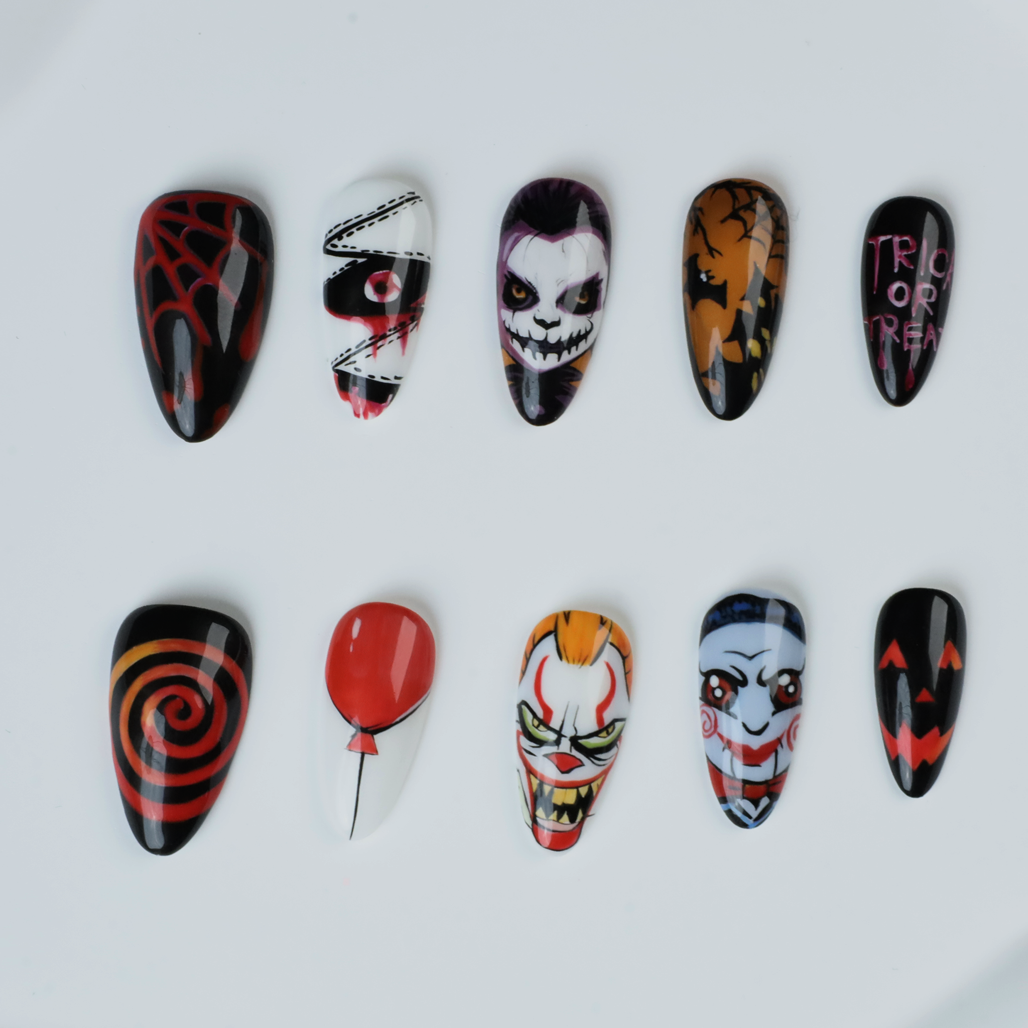 Spooky Nightmares: Halloween Press-On Nail | Horror-Inspired Artistry |  Medium Almond Nail | Handmade Nails,Reusable,Fake Nails,Gel Nails