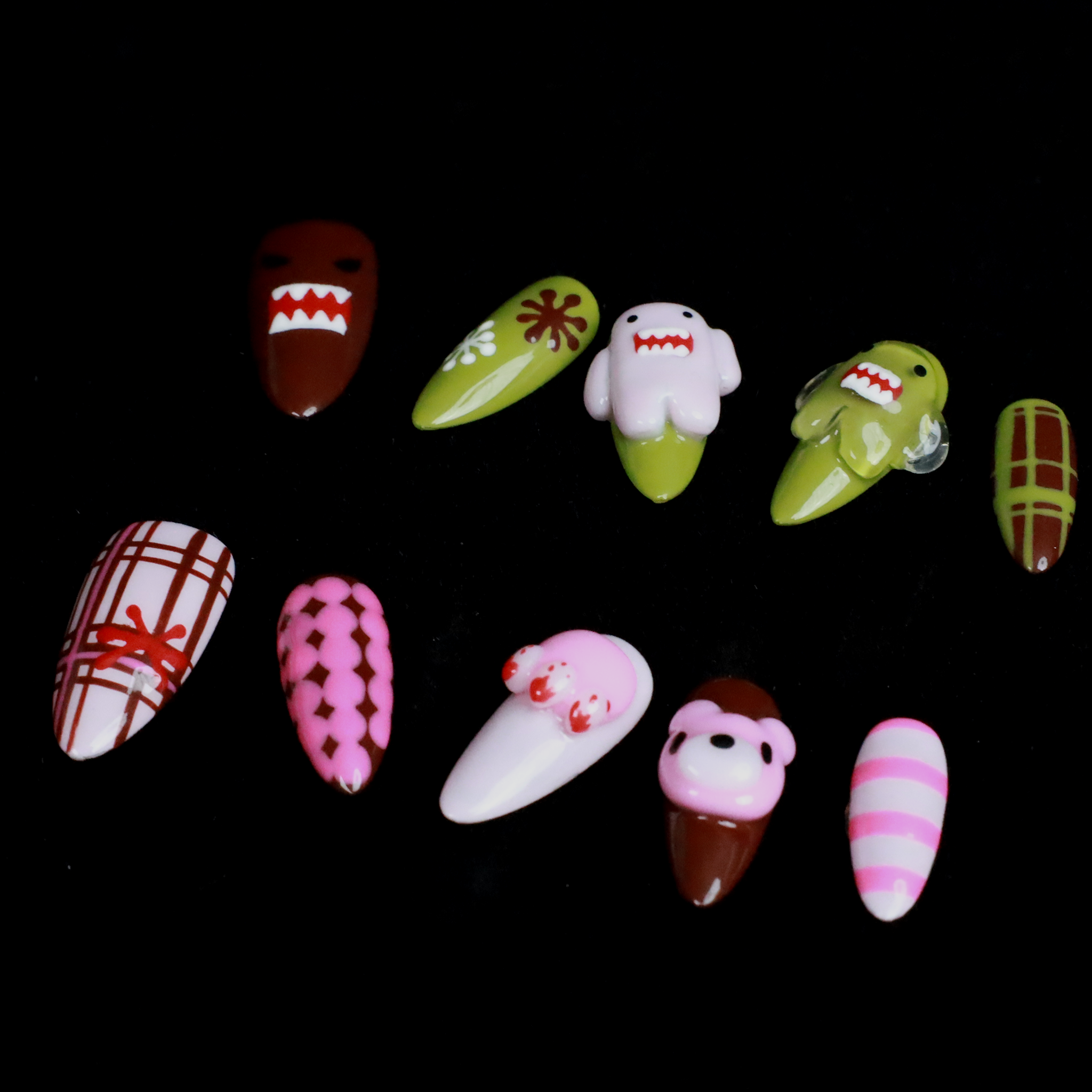 Playful Monster Custom Press On Nails | 3D Pink and Green Handcrafted Nail | Cute Bear Short Stiletto Fake Nails | Party and Casual Gel Nail