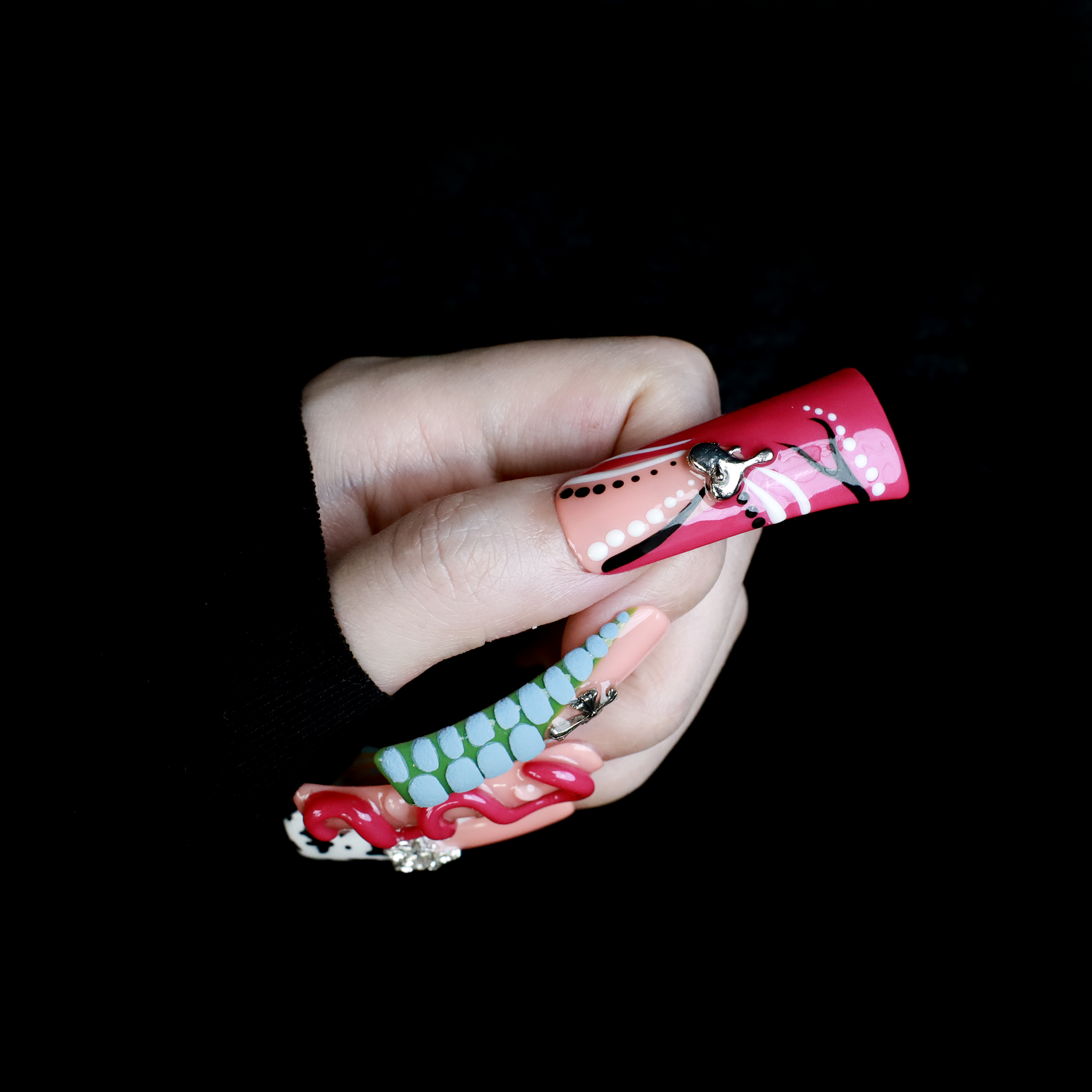 Avant-Garde 3D Extra Long Duck Press-On Nails with Rhinestones, Eclectic Patterns & Vivid Textures,  Handmade Nail, Gel Nails, Glue on Nail