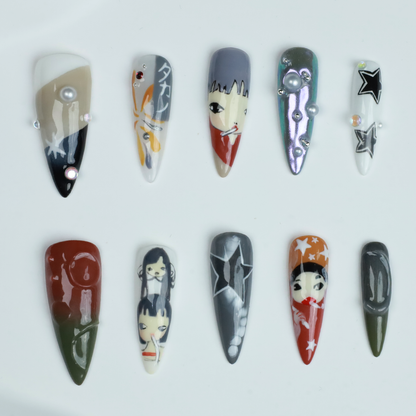 Japanese-Inspired Artistic Press-On Nails, Hand-Painted Cosplay Nails, Anime Characters with 3D Embellishments, Rhinestone & Pearl Accents