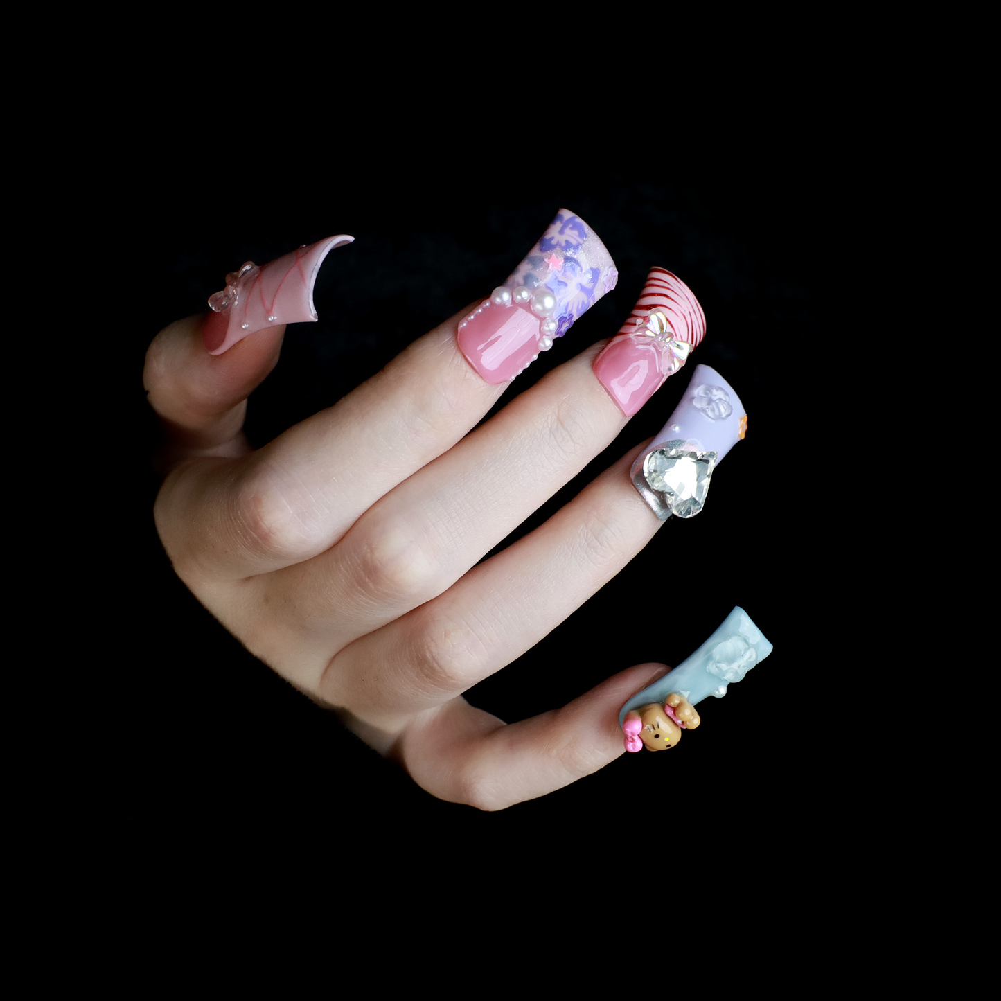 Whimsical 3D Long Duck Press-On Nails with Rhinestones, Bows, Pearls, Hearts, Florals and  Cute Characters, Handmade Nail, Glue on Nail