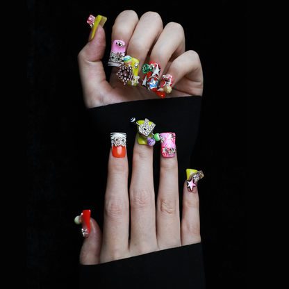 Neon Pop Star Short Duck Press-On Nails, Funky 3D Handmade Gel Nails with Rhinestone, Dice & Stars,  Glue on Nail