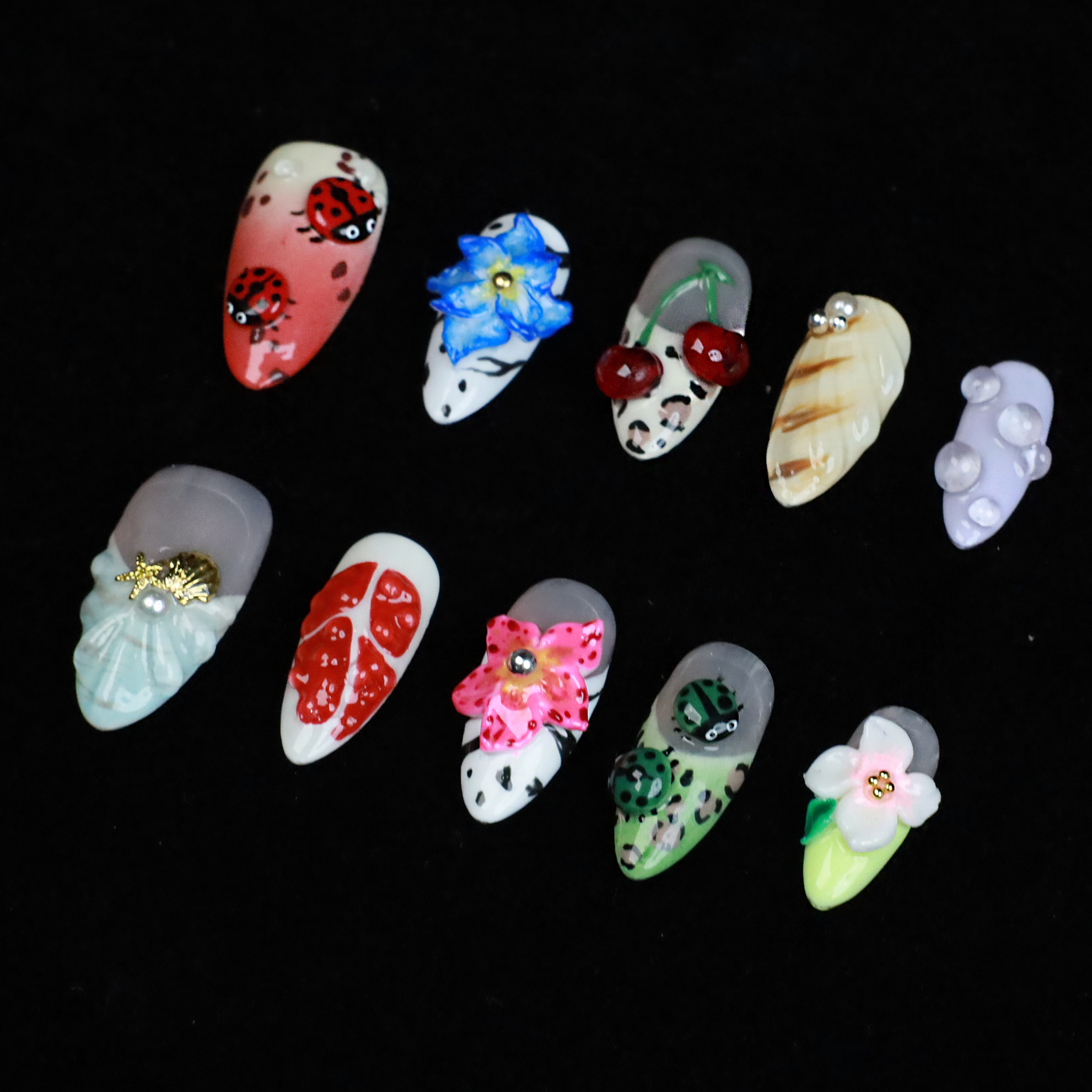 Garden Blooms Custom Press On Nails | 3D Flower, Cherry, Ladybug nails |Medium Almond|High-Quality, Handmade Nails, Reusable,Fake Nails