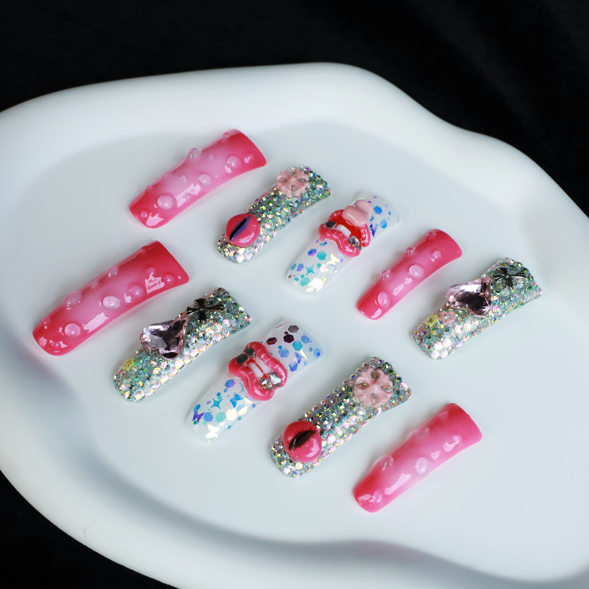 Pink Extra Long Duck Press-On Nails with Rhinestone, Sparkles, 3D Embellished Glitter Handmade Nail, Gel Nails, Glue on Nail