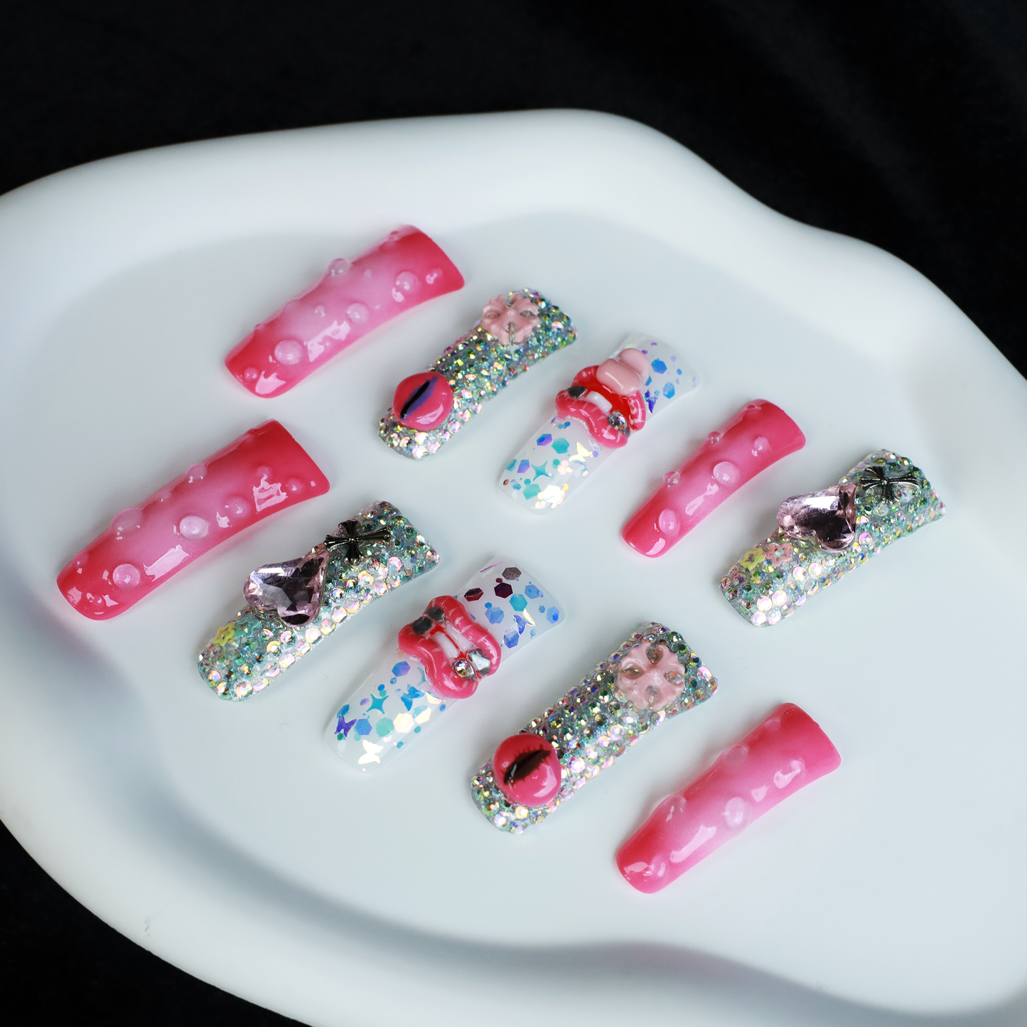 Pink Extra Long Duck Press-On Nails with Rhinestone, Sparkles, 3D Embellished Glitter Handmade Nail, Gel Nails, Glue on Nail