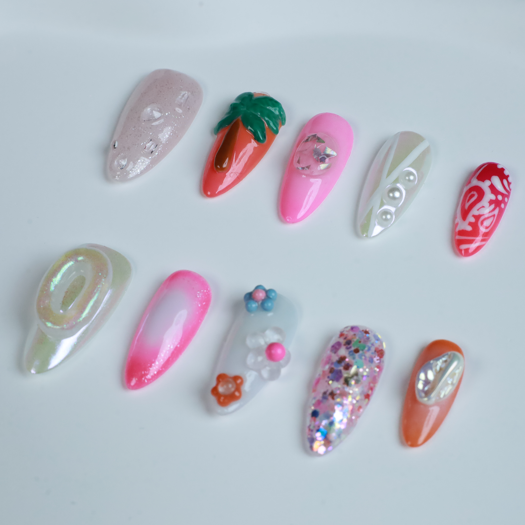 Summer Island Custom Press On Nails | 3D Flower, Tree, pearls nails | Medium Almond |High-Quality, Handmade Nails, Reusable,Fake Nails