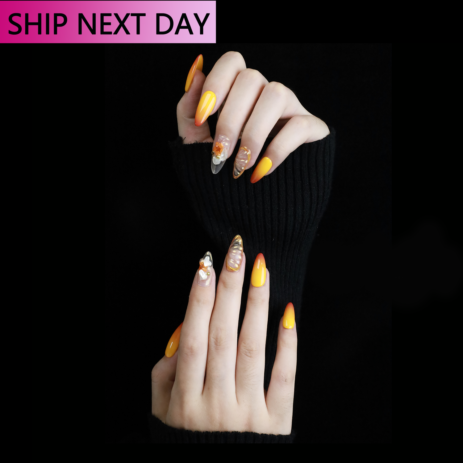 Hands display We Do Nails’ Sunset Glow Press-On Nails with a sunset gradient and detailed floral patterns, offering salon-quality allure. A top text reads SHIP NEXT DAY, all set against a black backdrop.