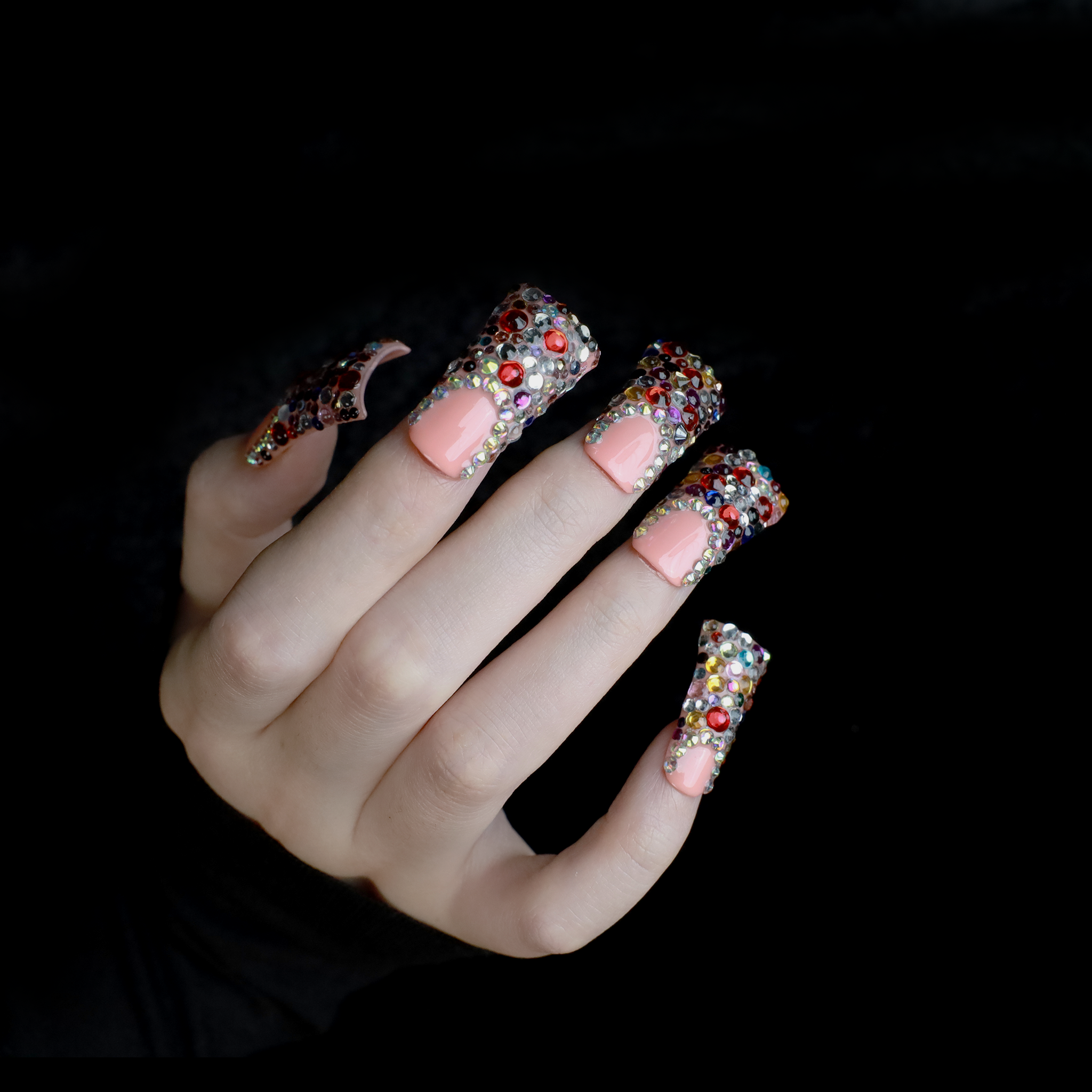 Dazzling Long Duck Press-On Nails with Multicolor Rhinestone, 3D Trendy Handmade Nail, Gel Nails, Glue on Nail