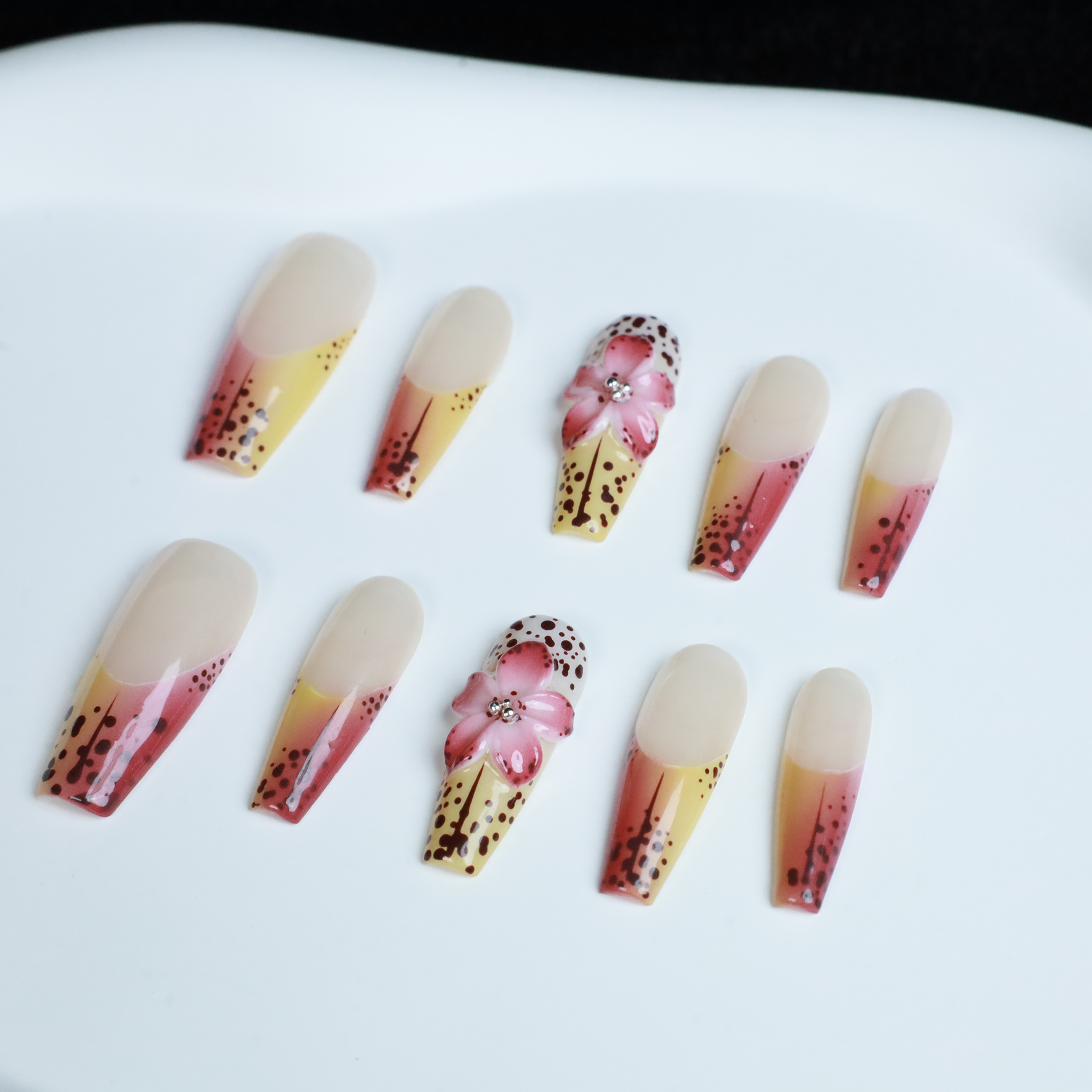 Sunset Bloom Custom Press On Nails | 3D Flower Fuchsia  Nails | Medium Trapezoid Nail | Handmade Nails, Reusable nails, Fake Nails,Gel Nails