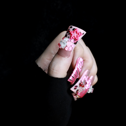 Pink Kawaii Long Duck Press-On Nails with animal motifs, heart accents, and sparkling embellishments, Handmade Nail, Gel Nails, Glue on Nail